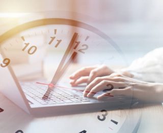 Business working times concept people work typing on laptop computer overlay with in time clock to lunch break